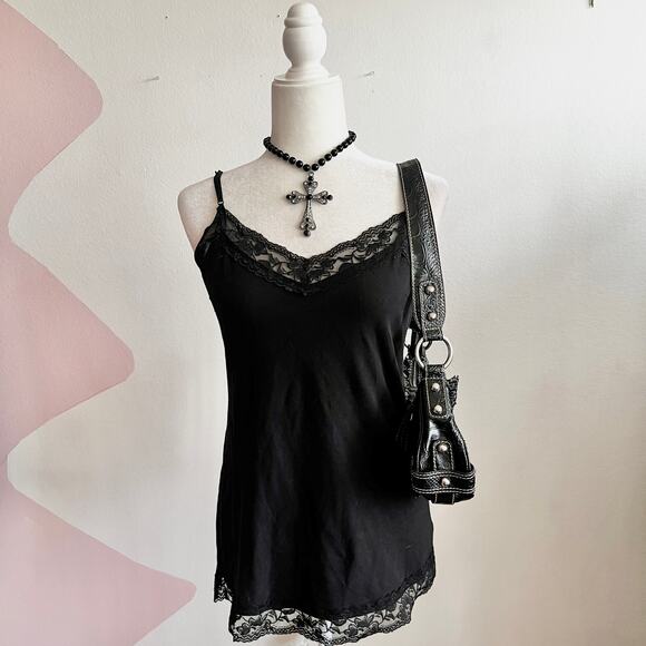 Black Lace Trim Tank Top, Goth Whimsigoth Grunge Indie Sleaze Large - Picture 1 of 5